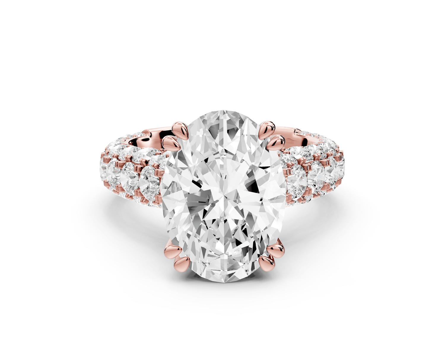 Clarissa - 4ct 18k rose gold oval Diamond double talon prongs with a diamond bridge rollover pave cathedral engagment ring - Mr. Alex Jewelry