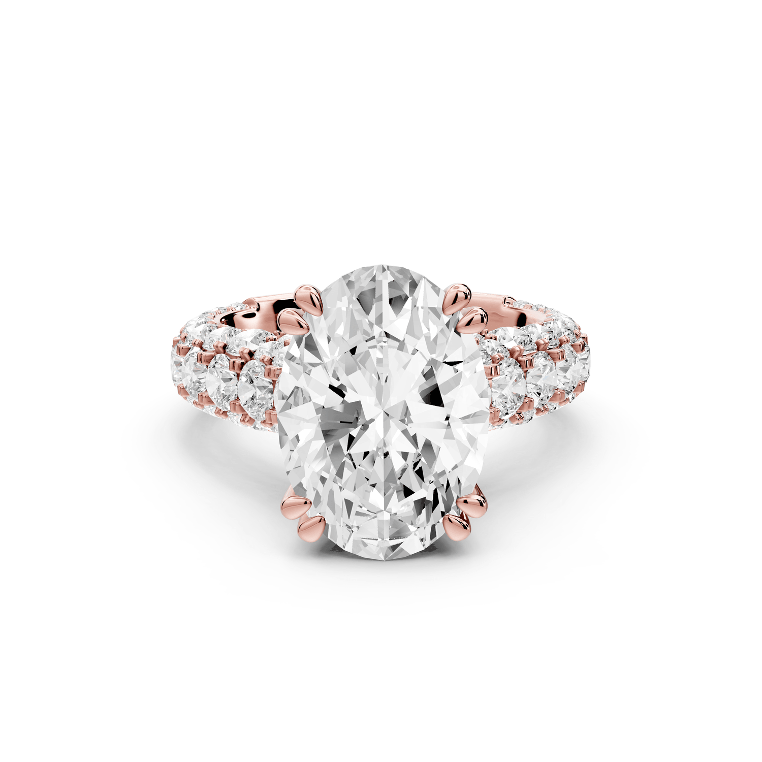 Clarissa - 4ct 18k rose gold oval Diamond double talon prongs with a diamond bridge rollover pave cathedral engagment ring - Mr. Alex Jewelry