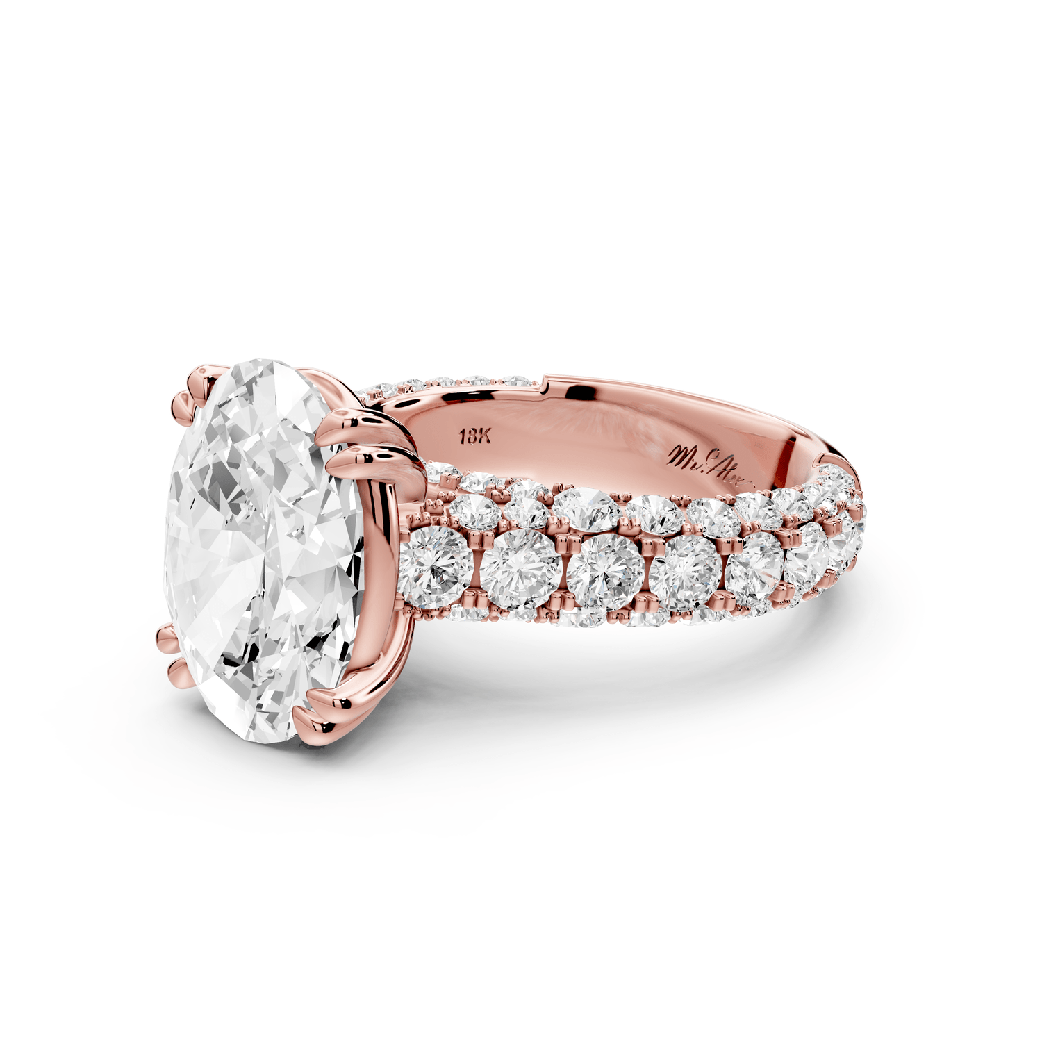 Clarissa - 4ct 18k rose gold oval Diamond double talon prongs with a diamond bridge rollover pave cathedral engagment ring - Mr. Alex Jewelry