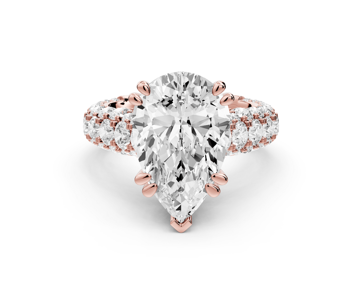 Clarissa - 4ct 18k rose gold pear Diamond double talon prongs with a diamond bridge rollover pave cathedral engagment ring - Mr. Alex Jewelry