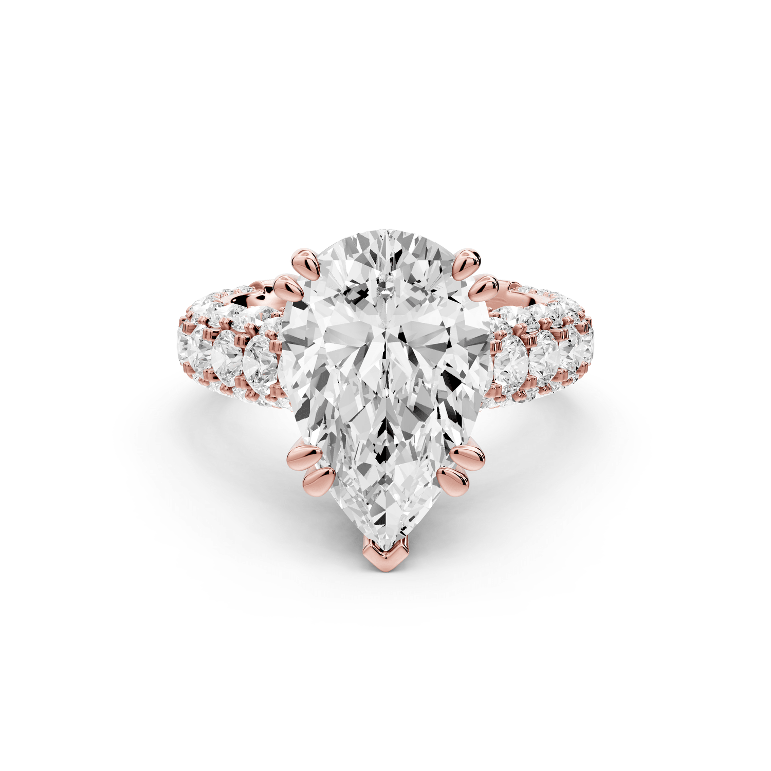 Clarissa - 4ct 18k rose gold pear Diamond double talon prongs with a diamond bridge rollover pave cathedral engagment ring - Mr. Alex Jewelry
