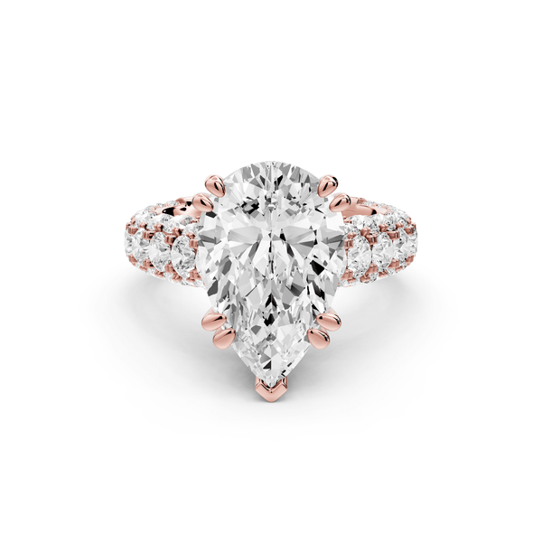 Clarissa - 4ct 18k rose gold pear Diamond double talon prongs with a diamond bridge rollover pave cathedral engagment ring - Mr. Alex Jewelry
