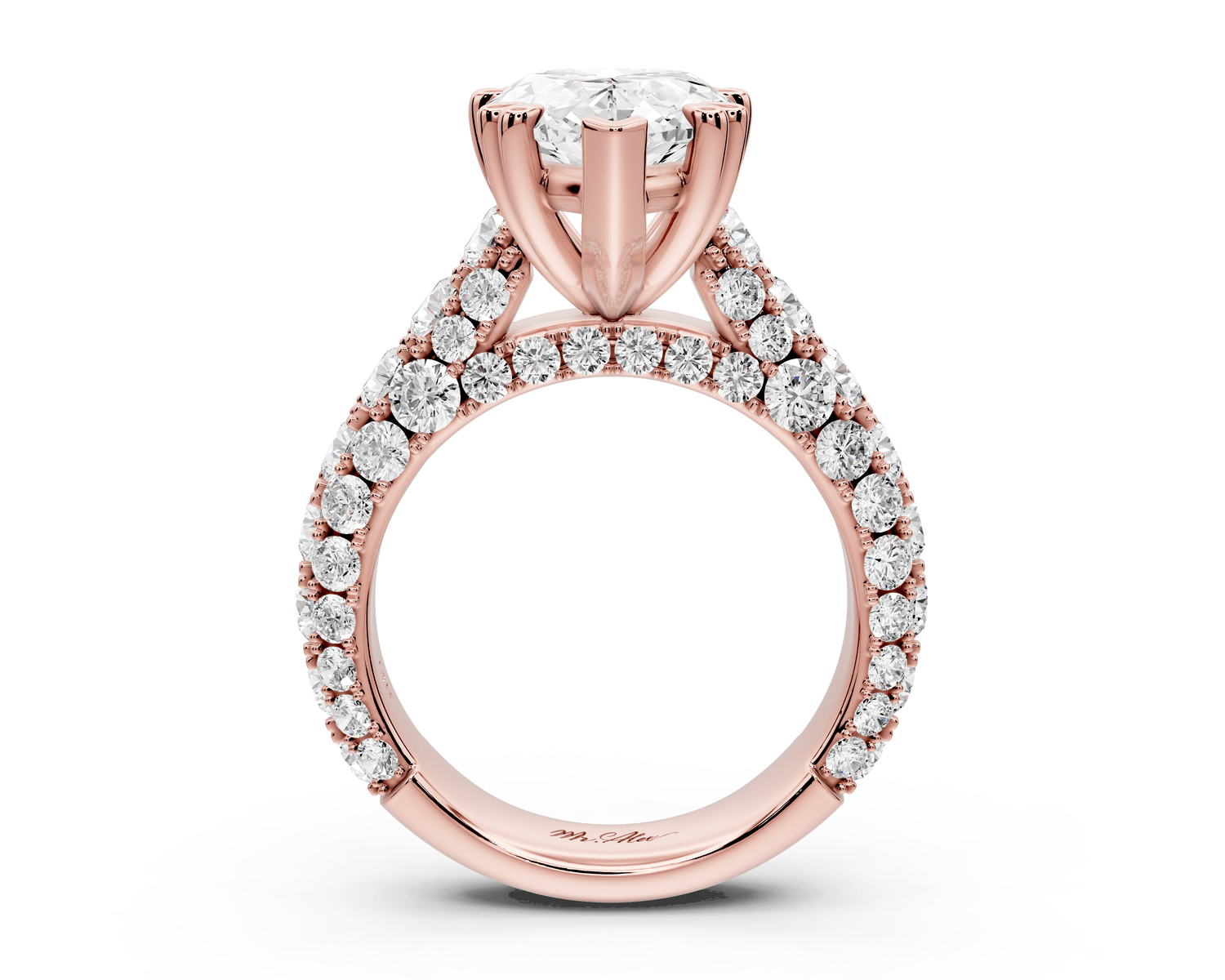 Clarissa - 4ct 18k rose gold pear Diamond double talon prongs with a diamond bridge rollover pave cathedral engagment ring - Mr. Alex Jewelry