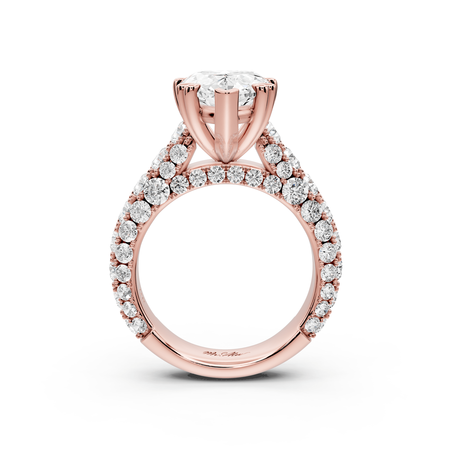 Clarissa - 4ct 18k rose gold pear Diamond double talon prongs with a diamond bridge rollover pave cathedral engagment ring - Mr. Alex Jewelry