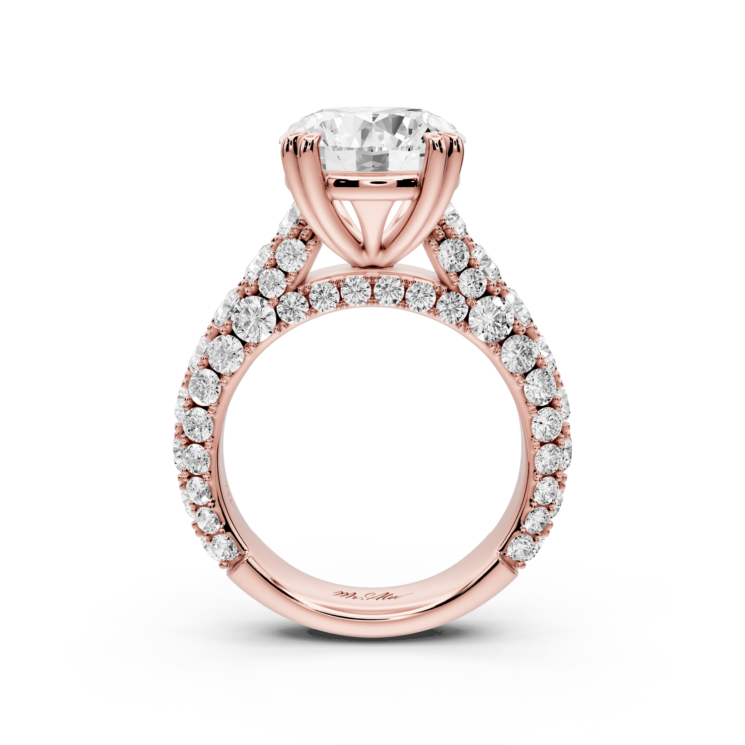 Clarissa - 4ct 18k rose gold round Diamond double talon prongs with a diamond bridge rollover pave cathedral engagment ring - Mr. Alex Jewelry