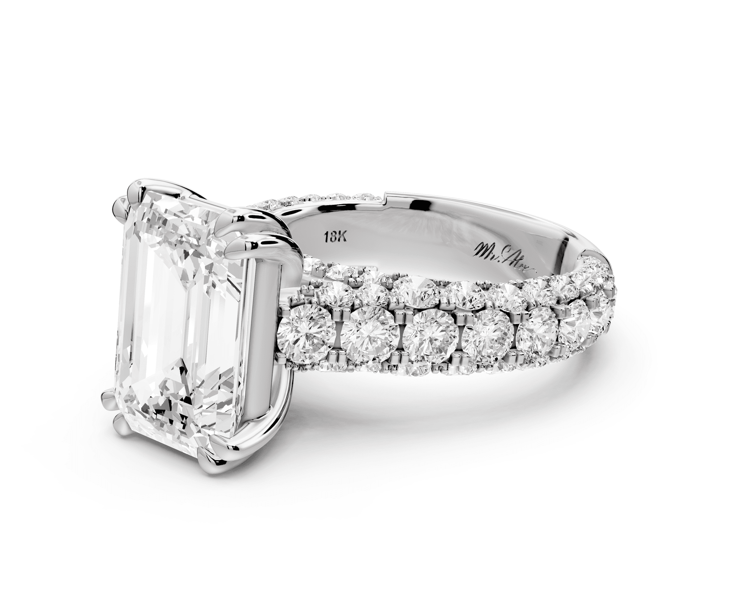 Clarissa - 4ct 18k white gold emerald Diamond double talon prongs with a diamond bridge rollover pave cathedral engagment ring - Mr. Alex Jewelry