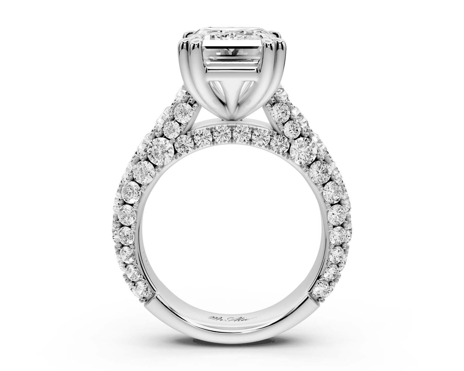 Clarissa - 4ct 18k white gold emerald Diamond double talon prongs with a diamond bridge rollover pave cathedral engagment ring - Mr. Alex Jewelry