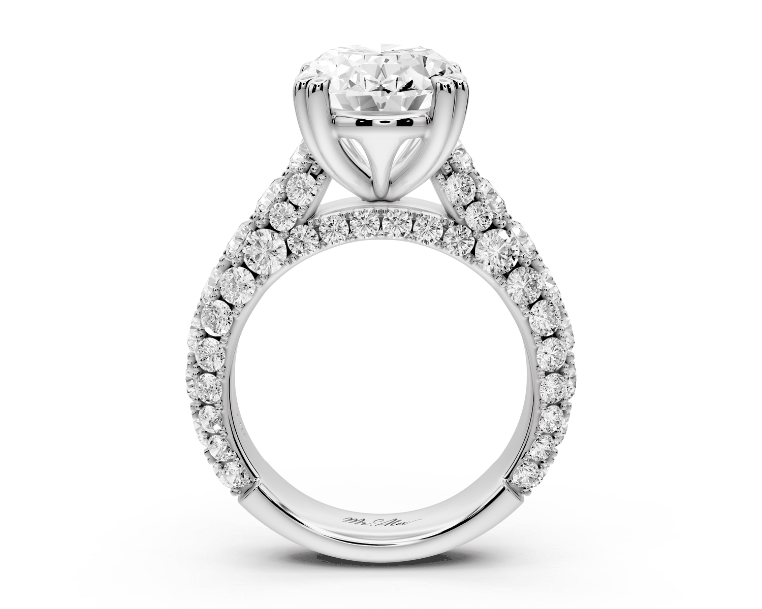 Clarissa - 4ct 18k white gold oval Diamond double talon prongs with a diamond bridge rollover pave cathedral engagment ring - Mr. Alex Jewelry