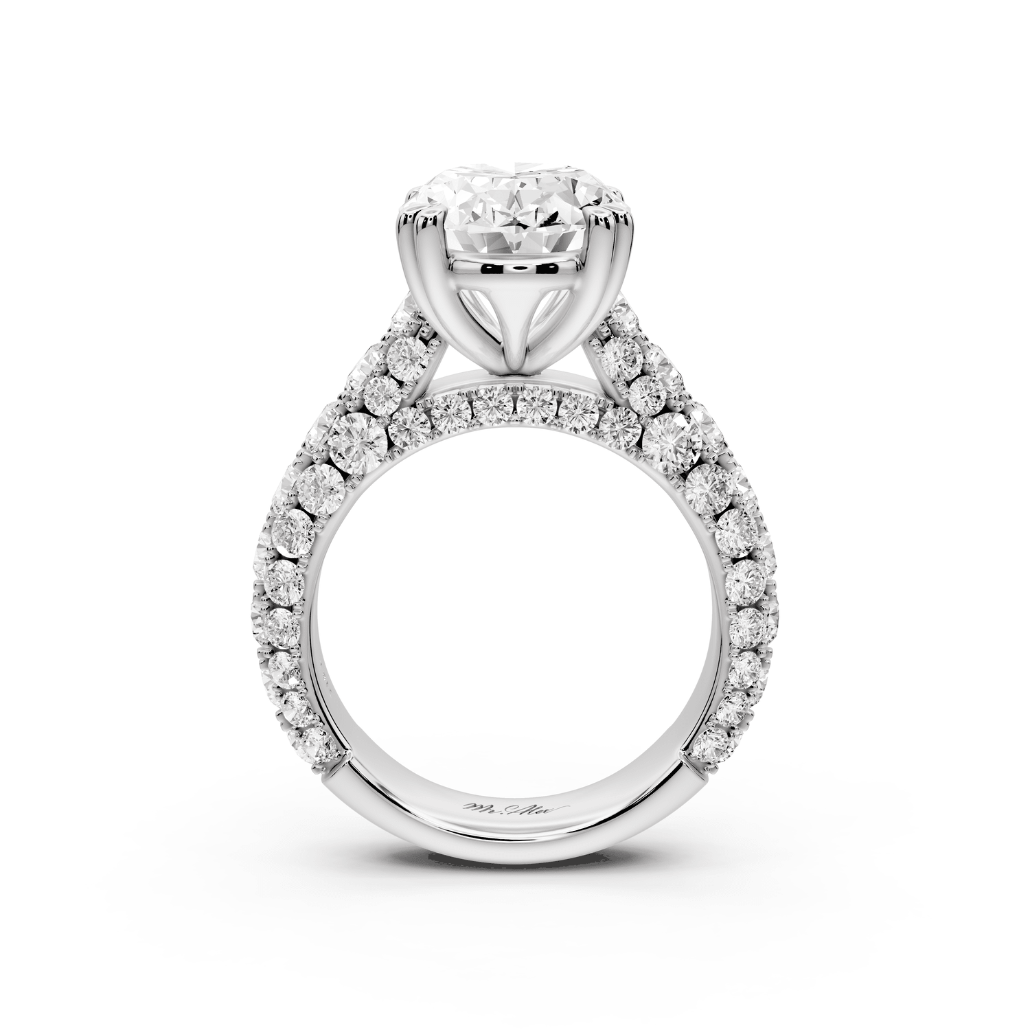 Clarissa - 4ct 18k white gold oval Diamond double talon prongs with a diamond bridge rollover pave cathedral engagment ring - Mr. Alex Jewelry