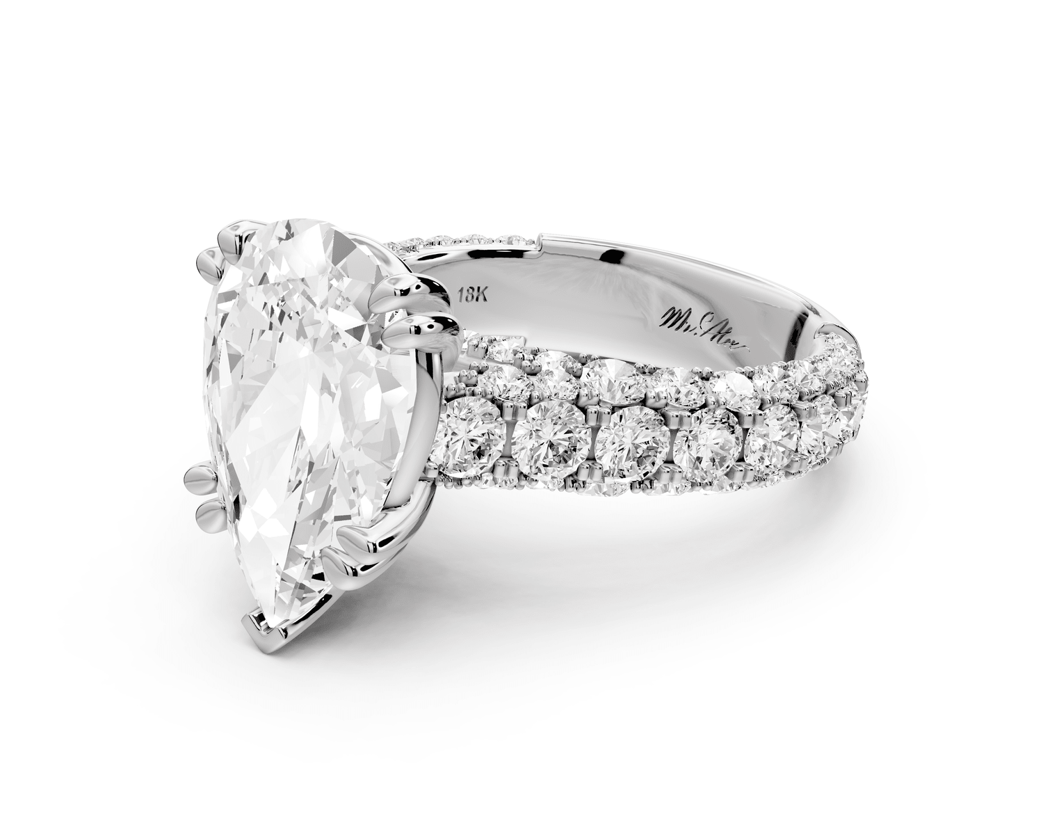 Clarissa - 4ct 18k white gold pear Diamond double talon prongs with a diamond bridge rollover pave cathedral engagment ring - Mr. Alex Jewelry