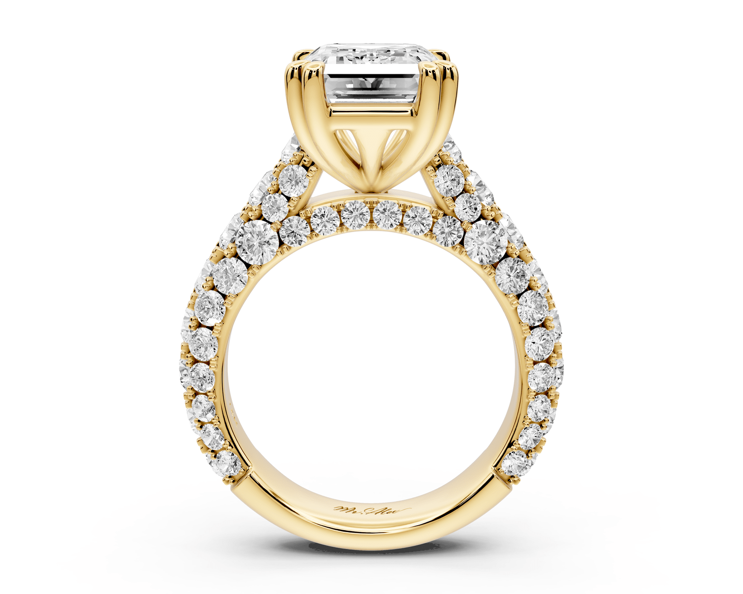 Clarissa - 4ct 18k yellow gold emerald Diamond double talon prongs with a diamond bridge rollover pave cathedral engagment ring - Mr. Alex Jewelry