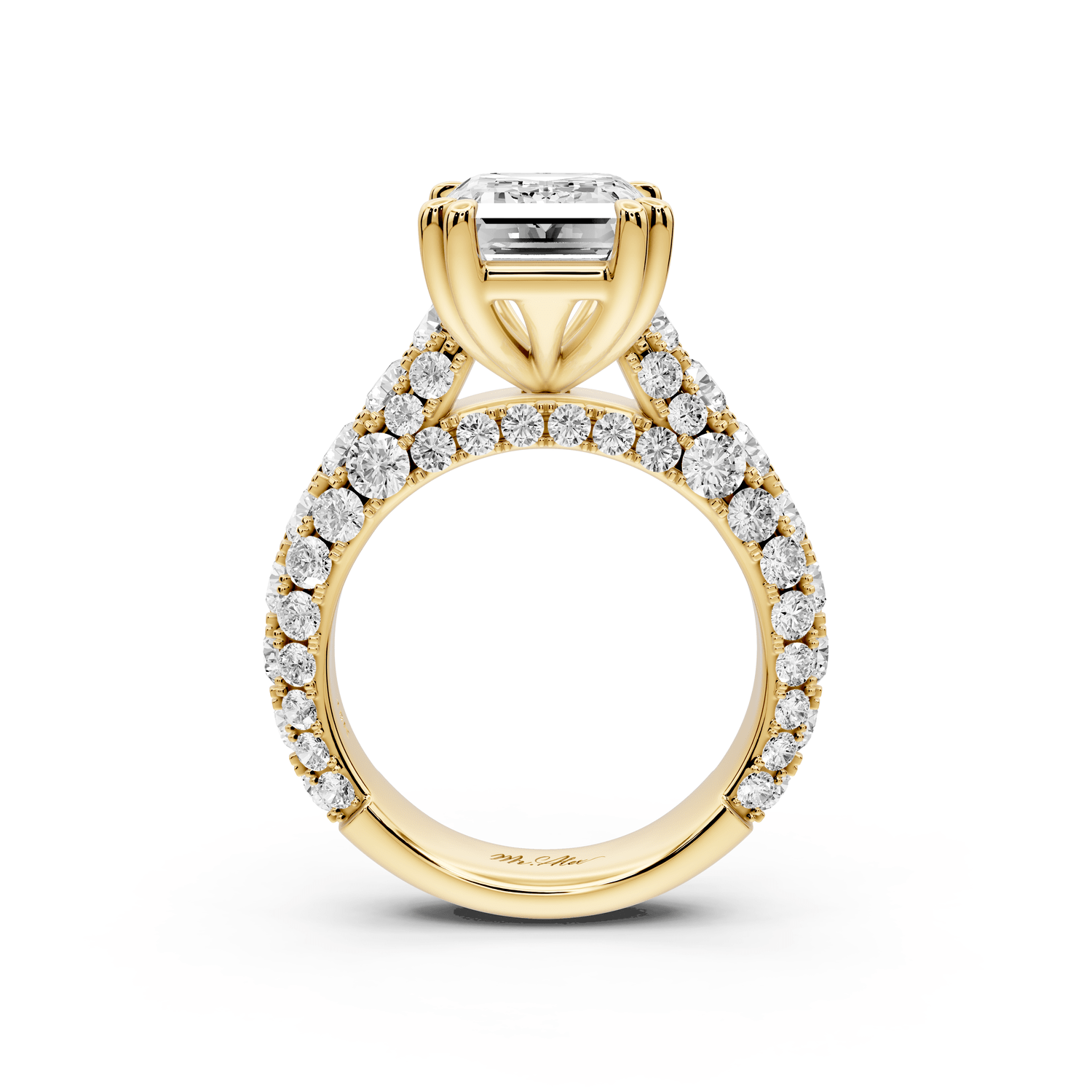 Clarissa - 4ct 18k yellow gold emerald Diamond double talon prongs with a diamond bridge rollover pave cathedral engagment ring - Mr. Alex Jewelry
