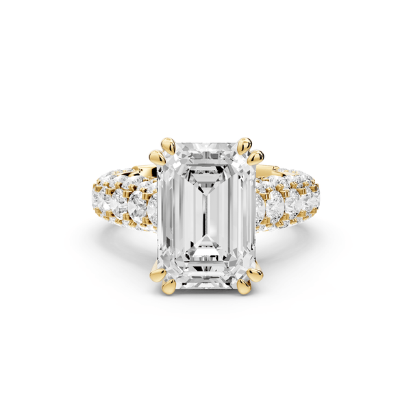 Clarissa - 4ct 18k yellow gold emerald Diamond double talon prongs with a diamond bridge rollover pave cathedral engagment ring - Mr. Alex Jewelry