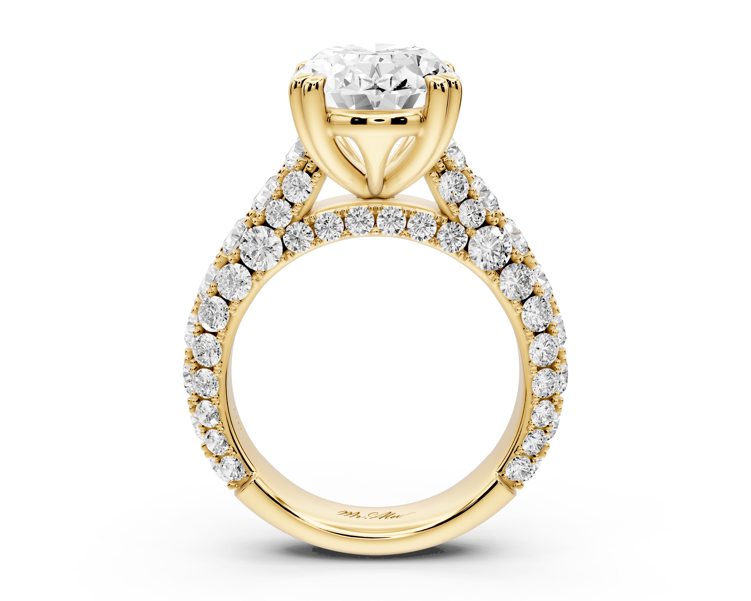 Clarissa - 4ct 18k yellow gold oval Diamond double talon prongs with a diamond bridge rollover pave cathedral engagment ring - Mr. Alex Jewelry