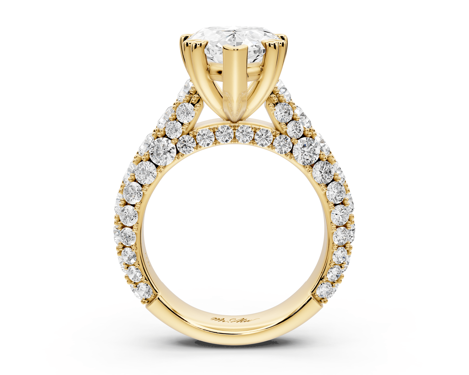 Clarissa - 4ct 18k yellow gold pear Diamond double talon prongs with a diamond bridge rollover pave cathedral engagment ring - Mr. Alex Jewelry