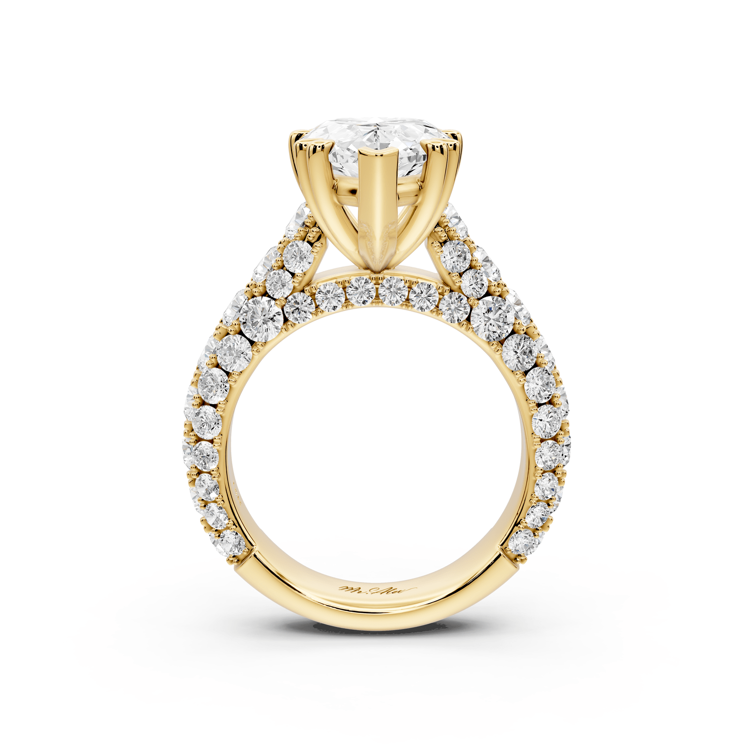 Clarissa - 4ct 18k yellow gold pear Diamond double talon prongs with a diamond bridge rollover pave cathedral engagment ring - Mr. Alex Jewelry