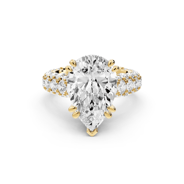 Clarissa - 4ct 18k yellow gold pear Diamond double talon prongs with a diamond bridge rollover pave cathedral engagment ring - Mr. Alex Jewelry