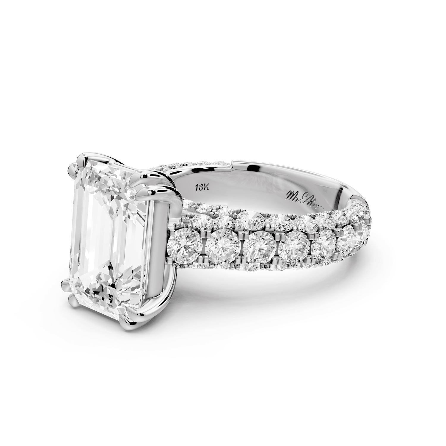 Clarissa - 4ct platinum emerald Diamond double talon prongs with a diamond bridge rollover pave cathedral engagment ring - Mr. Alex Jewelry