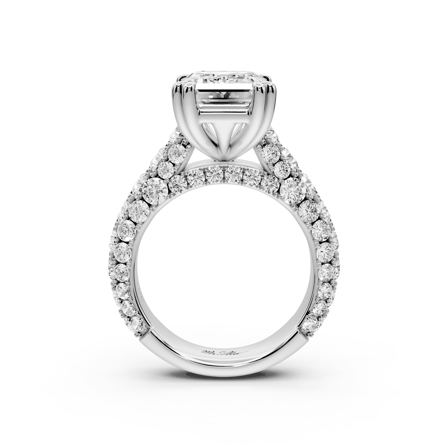 Clarissa - 4ct platinum emerald Diamond double talon prongs with a diamond bridge rollover pave cathedral engagment ring - Mr. Alex Jewelry