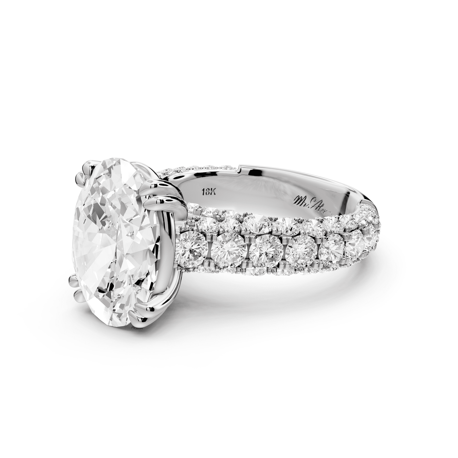 Clarissa - 4ct platinum oval Diamond double talon prongs with a diamond bridge rollover pave cathedral engagment ring - Mr. Alex Jewelry