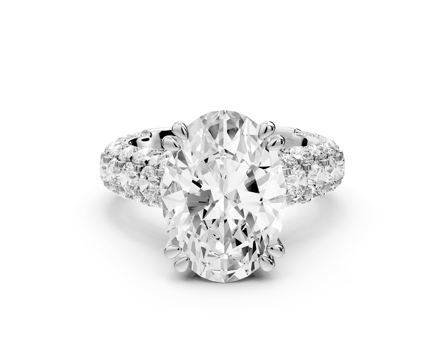 Clarissa - 4ct platinum oval Diamond double talon prongs with a diamond bridge rollover pave cathedral engagment ring - Mr. Alex Jewelry