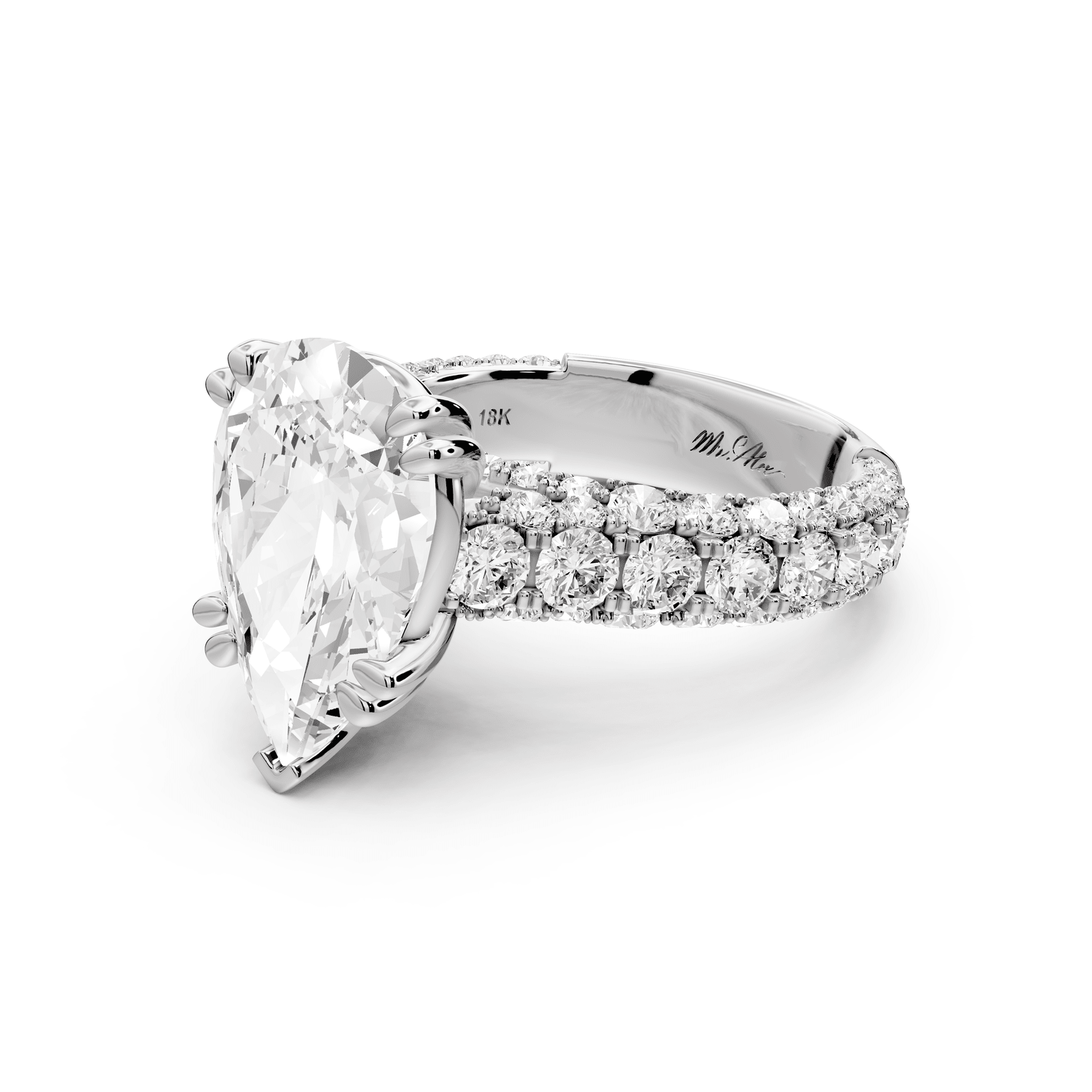 Clarissa - 4ct platinum pear Diamond double talon prongs with a diamond bridge rollover pave cathedral engagment ring - Mr. Alex Jewelry