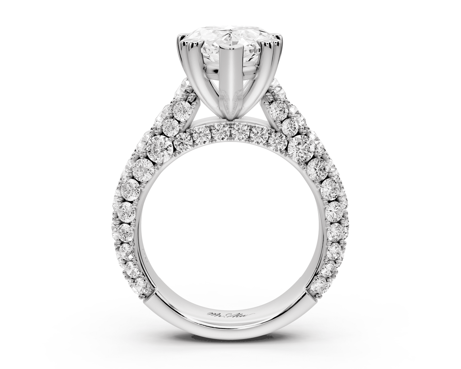 Clarissa - 4ct platinum pear Diamond double talon prongs with a diamond bridge rollover pave cathedral engagment ring - Mr. Alex Jewelry