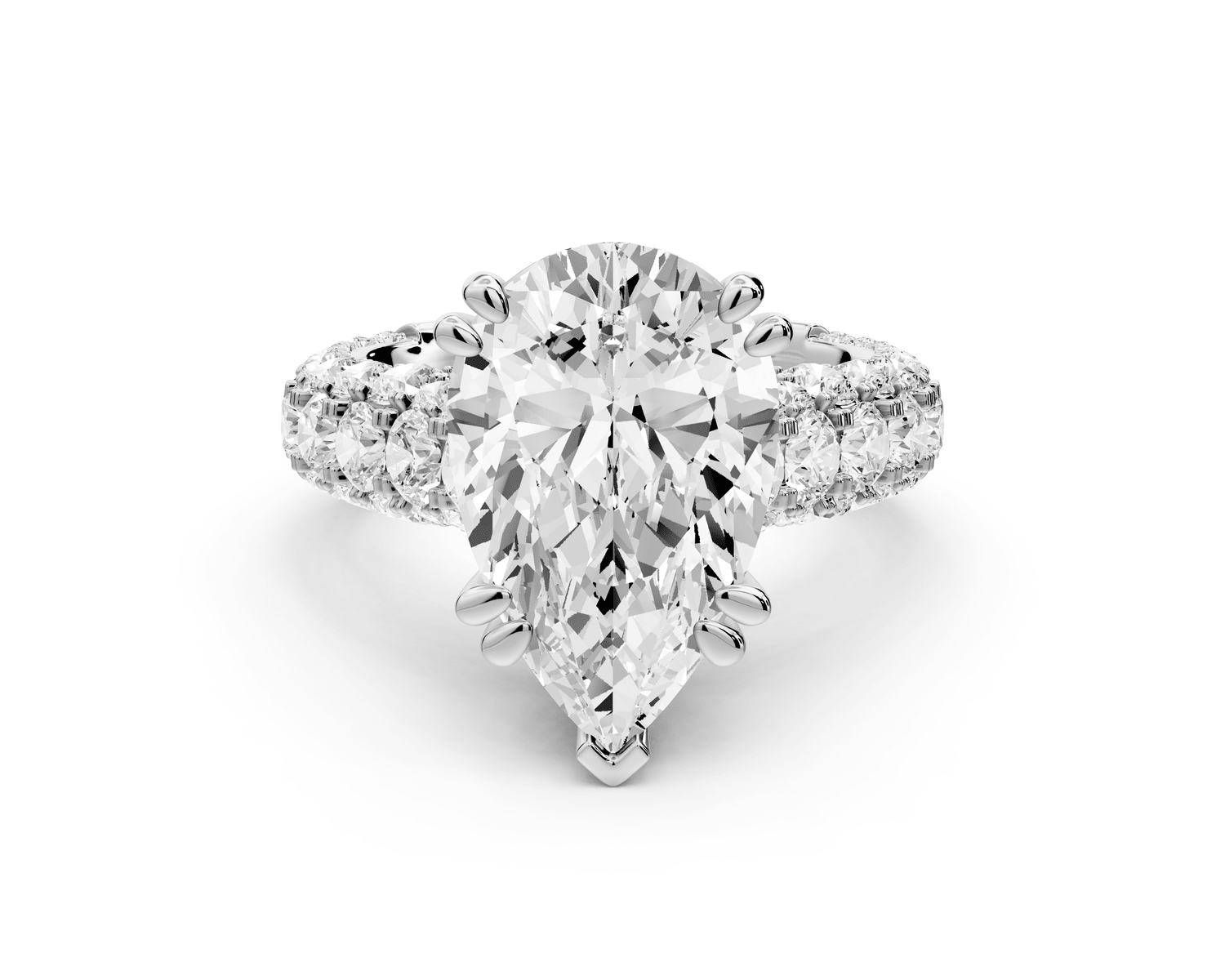 Clarissa - 4ct platinum pear Diamond double talon prongs with a diamond bridge rollover pave cathedral engagment ring - Mr. Alex Jewelry