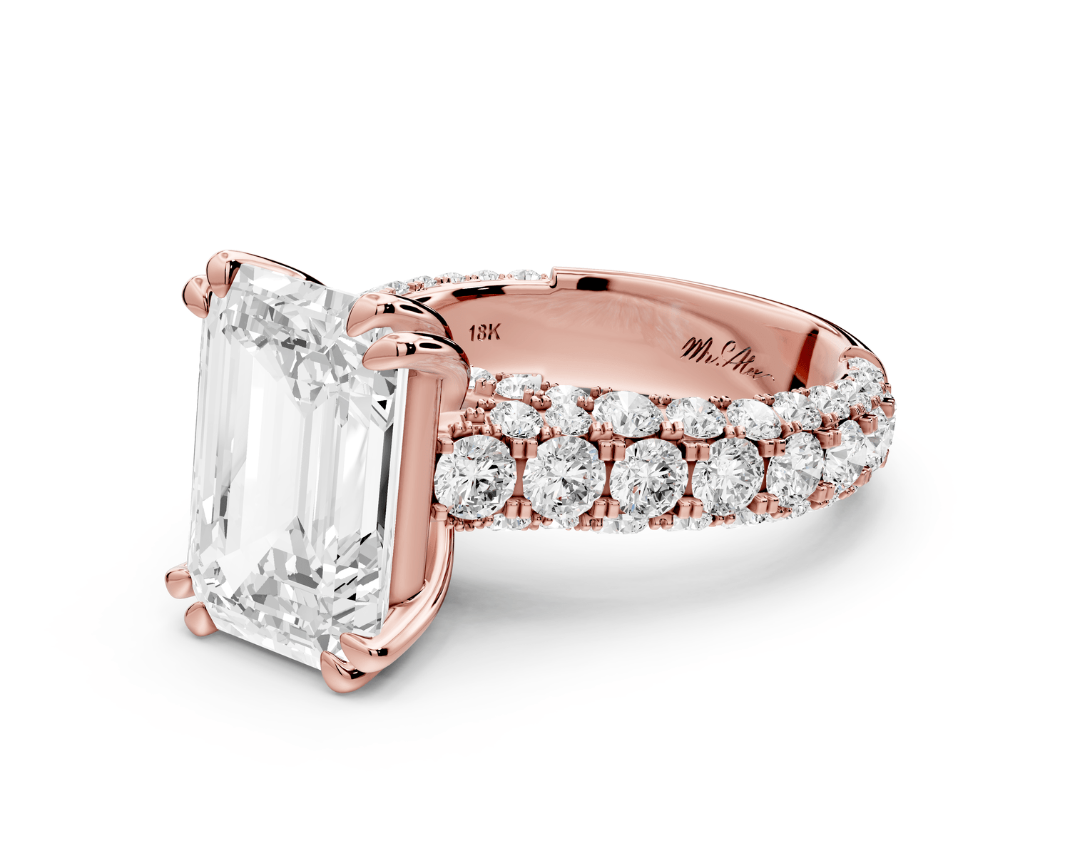 Clarissa - 5ct 18k rose gold emerald Diamond double talon prongs with a diamond bridge rollover pave cathedral engagment ring - Mr. Alex Jewelry
