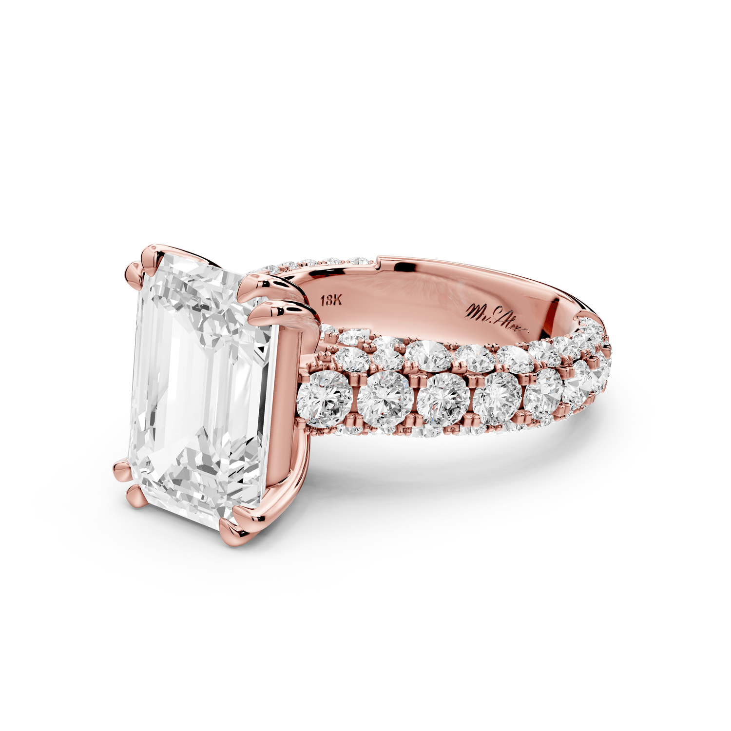 Clarissa - 5ct 18k rose gold emerald Diamond double talon prongs with a diamond bridge rollover pave cathedral engagment ring - Mr. Alex Jewelry