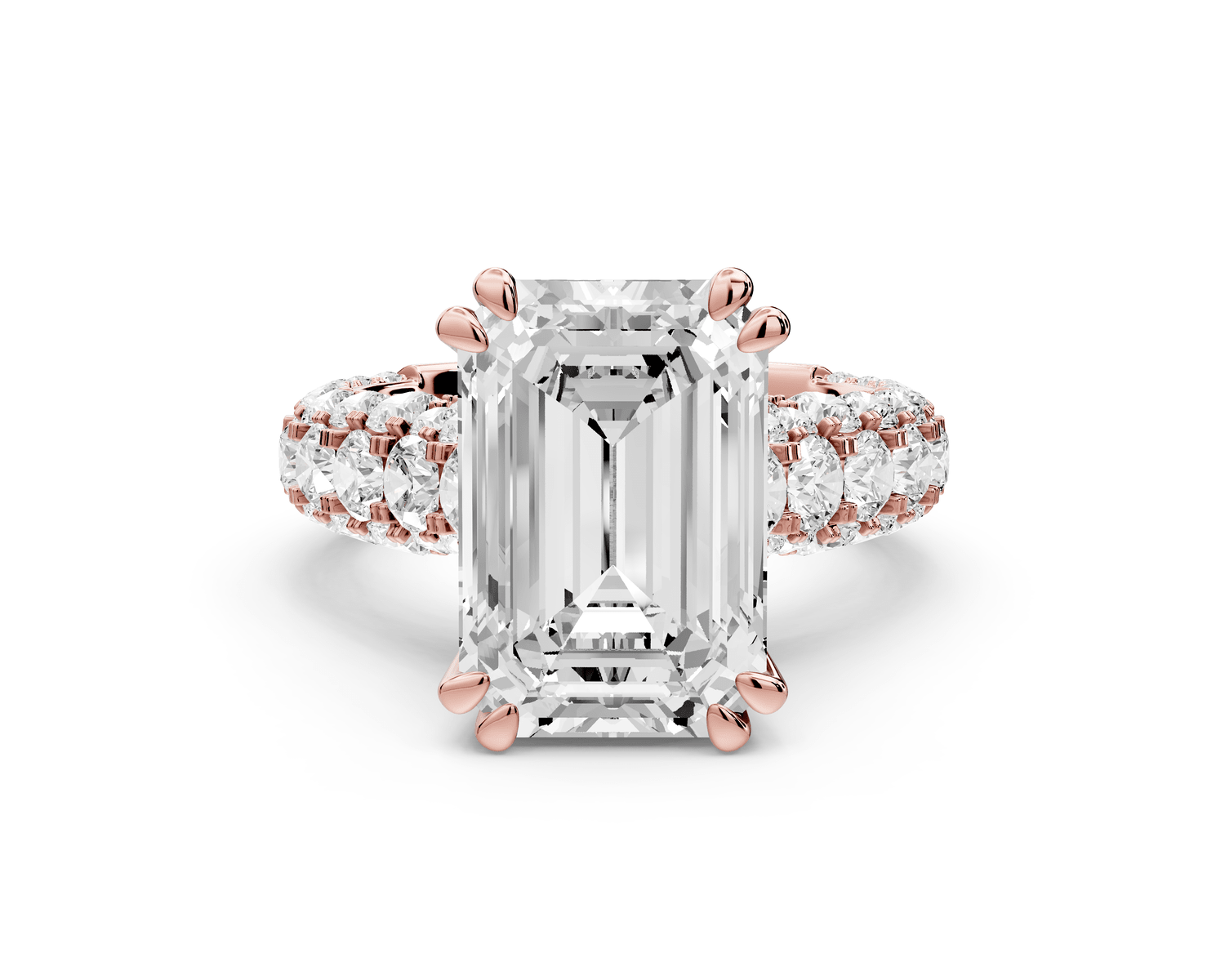 Clarissa - 5ct 18k rose gold emerald Diamond double talon prongs with a diamond bridge rollover pave cathedral engagment ring - Mr. Alex Jewelry