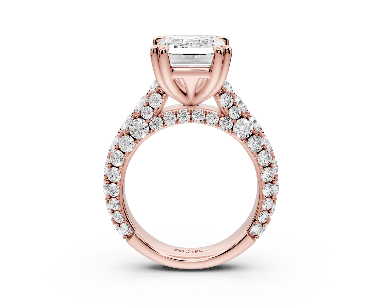 Clarissa - 5ct 18k rose gold emerald Diamond double talon prongs with a diamond bridge rollover pave cathedral engagment ring - Mr. Alex Jewelry