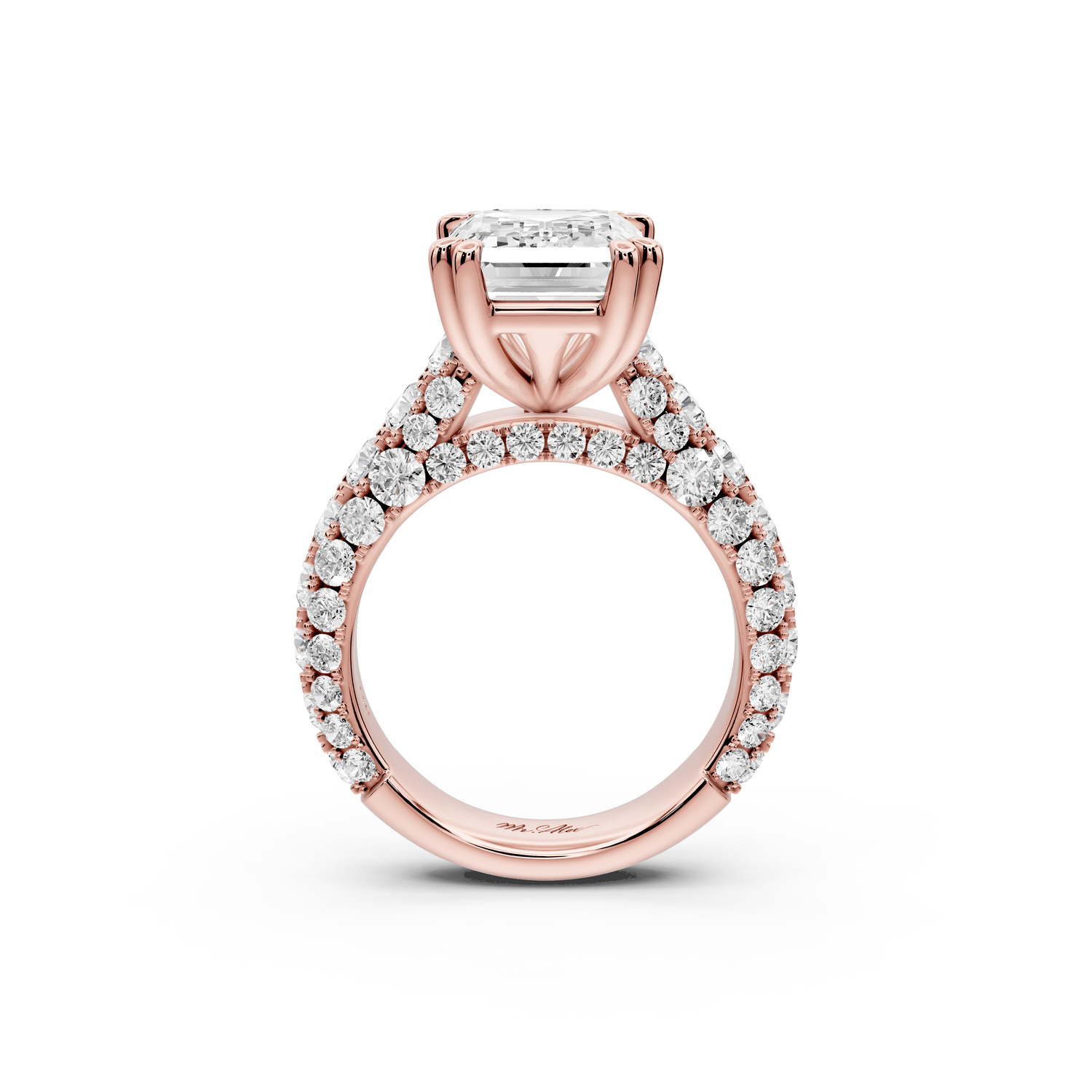 Clarissa - 5ct 18k rose gold emerald Diamond double talon prongs with a diamond bridge rollover pave cathedral engagment ring - Mr. Alex Jewelry