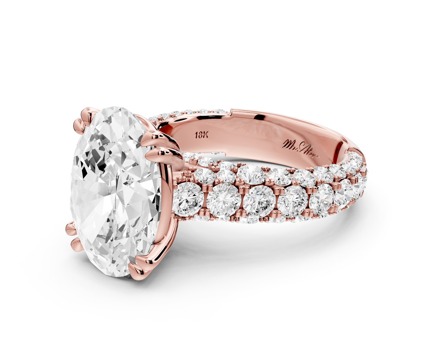 Clarissa - 5ct 18k rose gold oval Diamond double talon prongs with a diamond bridge rollover pave cathedral engagment ring - Mr. Alex Jewelry