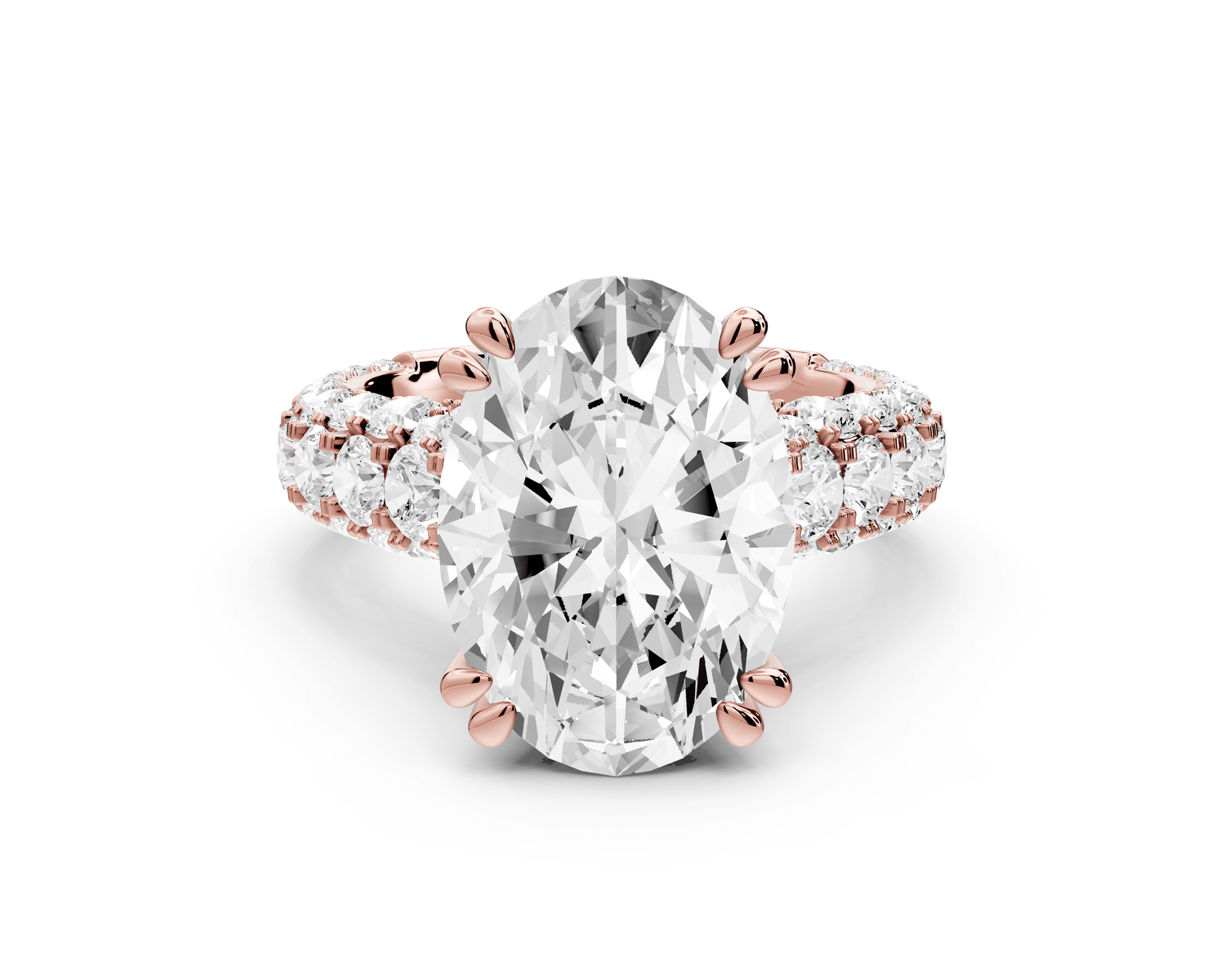 Clarissa - 5ct 18k rose gold oval Diamond double talon prongs with a diamond bridge rollover pave cathedral engagment ring - Mr. Alex Jewelry