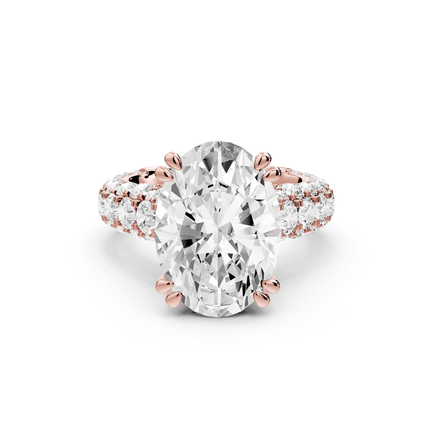 Clarissa - 5ct 18k rose gold oval Diamond double talon prongs with a diamond bridge rollover pave cathedral engagment ring - Mr. Alex Jewelry