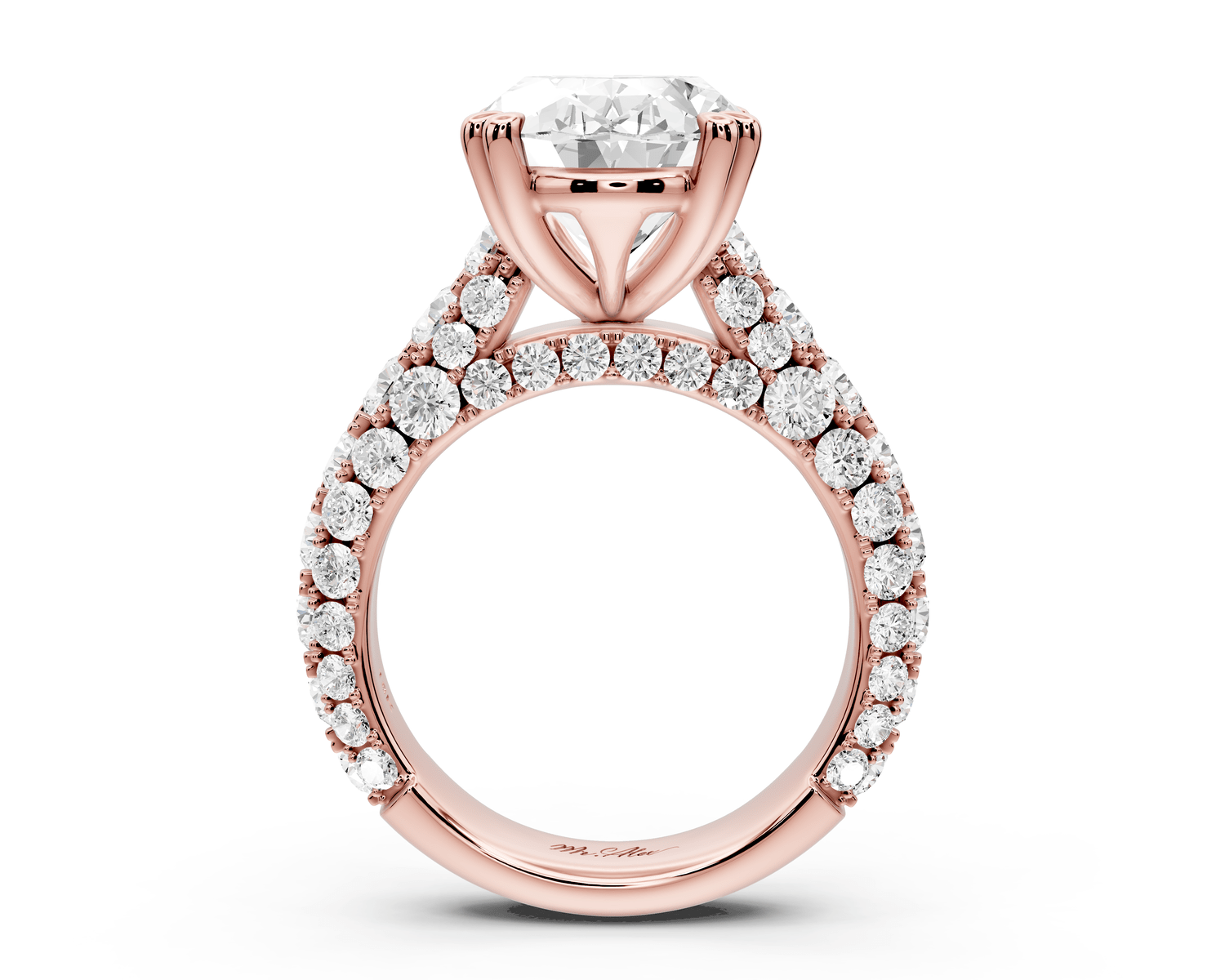 Clarissa - 5ct 18k rose gold oval Diamond double talon prongs with a diamond bridge rollover pave cathedral engagment ring - Mr. Alex Jewelry