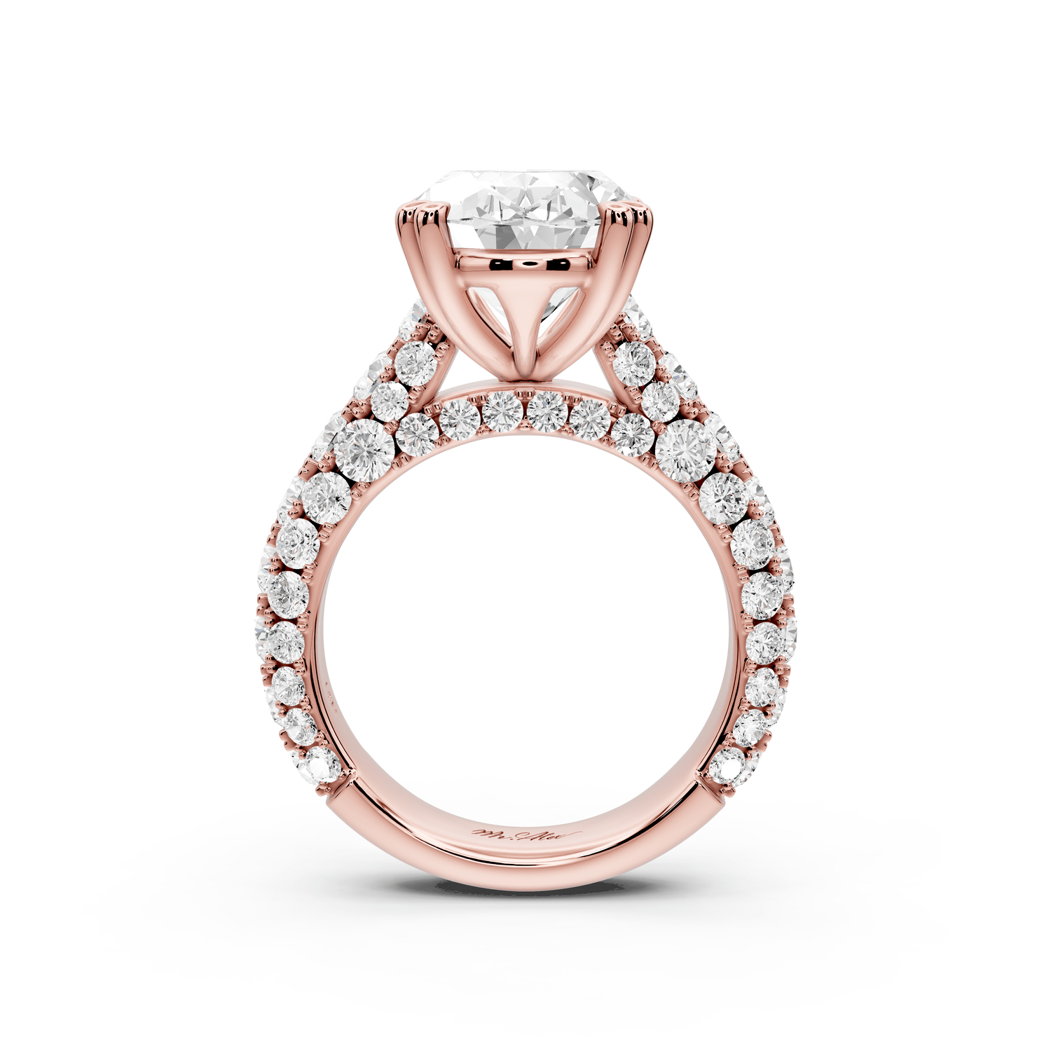 Clarissa - 5ct 18k rose gold oval Diamond double talon prongs with a diamond bridge rollover pave cathedral engagment ring - Mr. Alex Jewelry