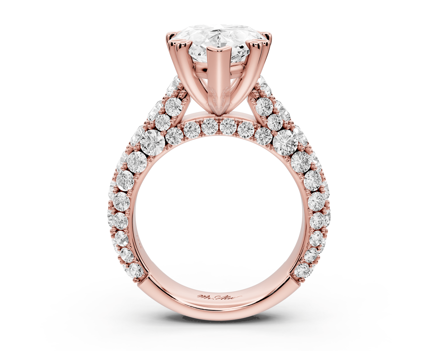 Clarissa - 5ct 18k rose gold pear Diamond double talon prongs with a diamond bridge rollover pave cathedral engagment ring - Mr. Alex Jewelry