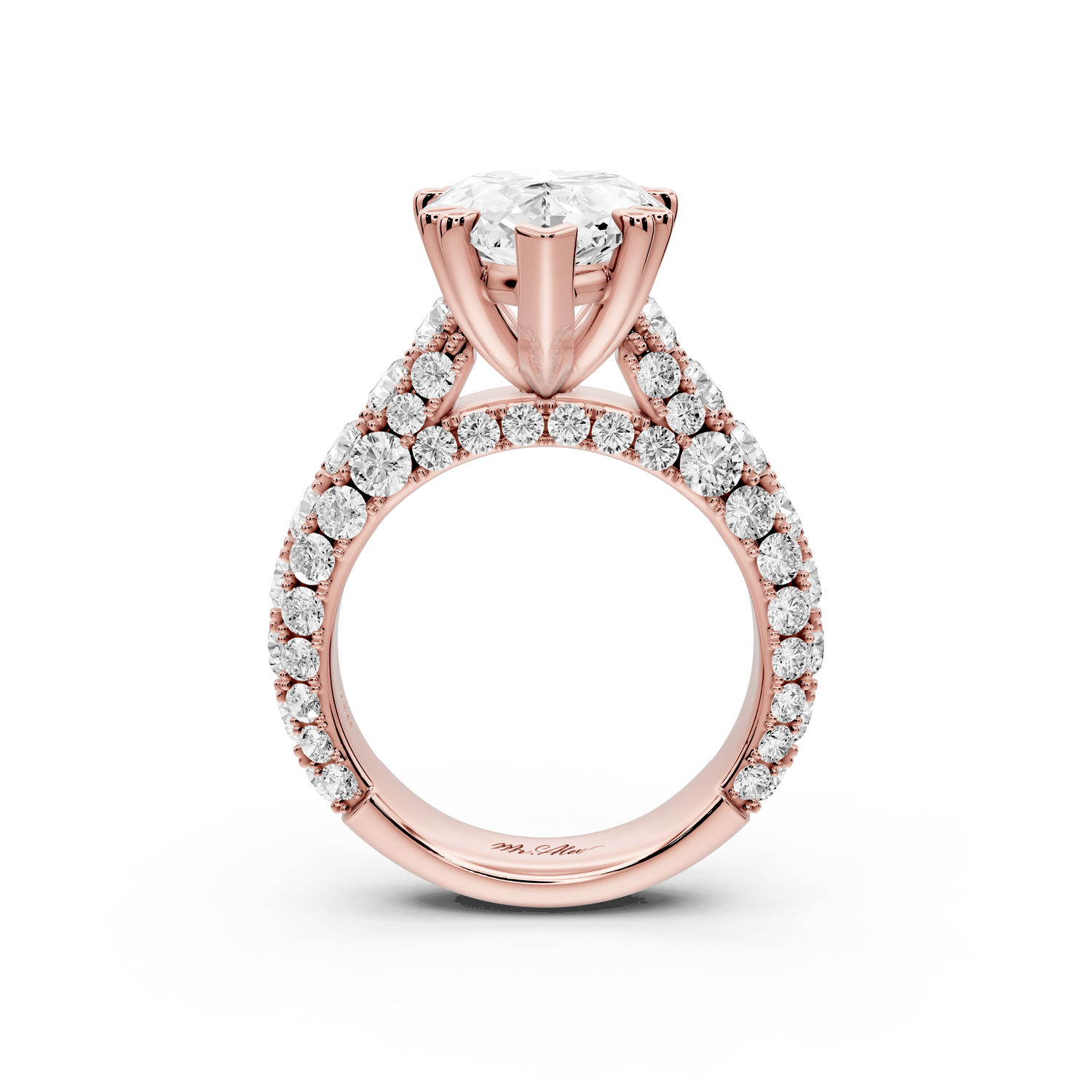 Clarissa - 5ct 18k rose gold pear Diamond double talon prongs with a diamond bridge rollover pave cathedral engagment ring - Mr. Alex Jewelry
