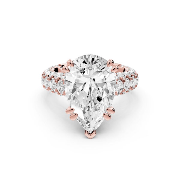 Clarissa - 5ct 18k rose gold pear Diamond double talon prongs with a diamond bridge rollover pave cathedral engagment ring - Mr. Alex Jewelry