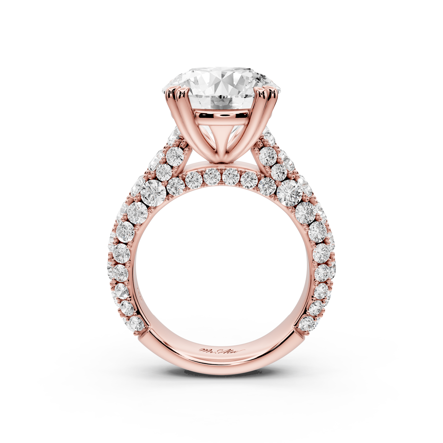 Clarissa - 5ct 18k rose gold round Diamond double talon prongs with a diamond bridge rollover pave cathedral engagment ring - Mr. Alex Jewelry