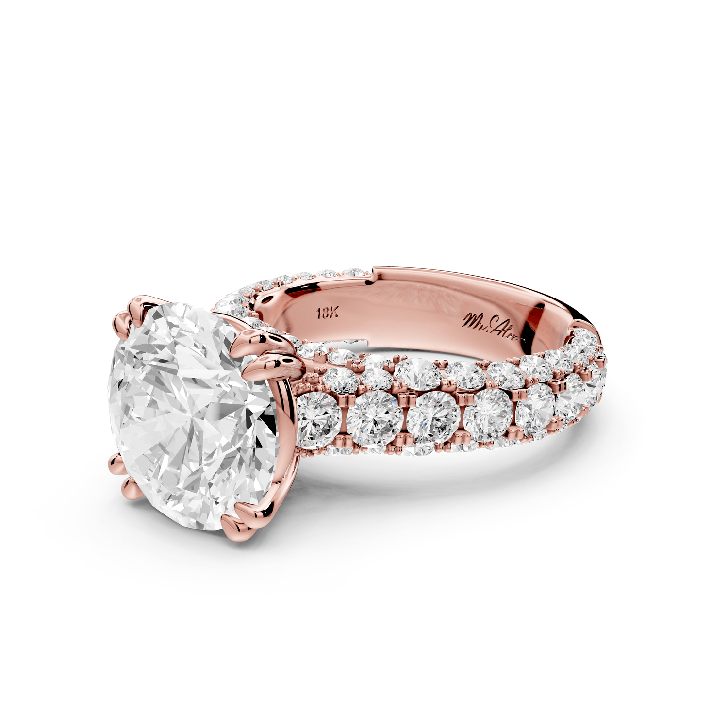 Clarissa - 5ct 18k rose gold round Diamond double talon prongs with a diamond bridge rollover pave cathedral engagment ring - Mr. Alex Jewelry