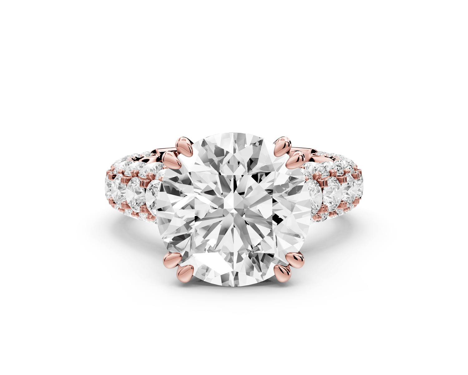Clarissa - 5ct 18k rose gold round Diamond double talon prongs with a diamond bridge rollover pave cathedral engagment ring - Mr. Alex Jewelry