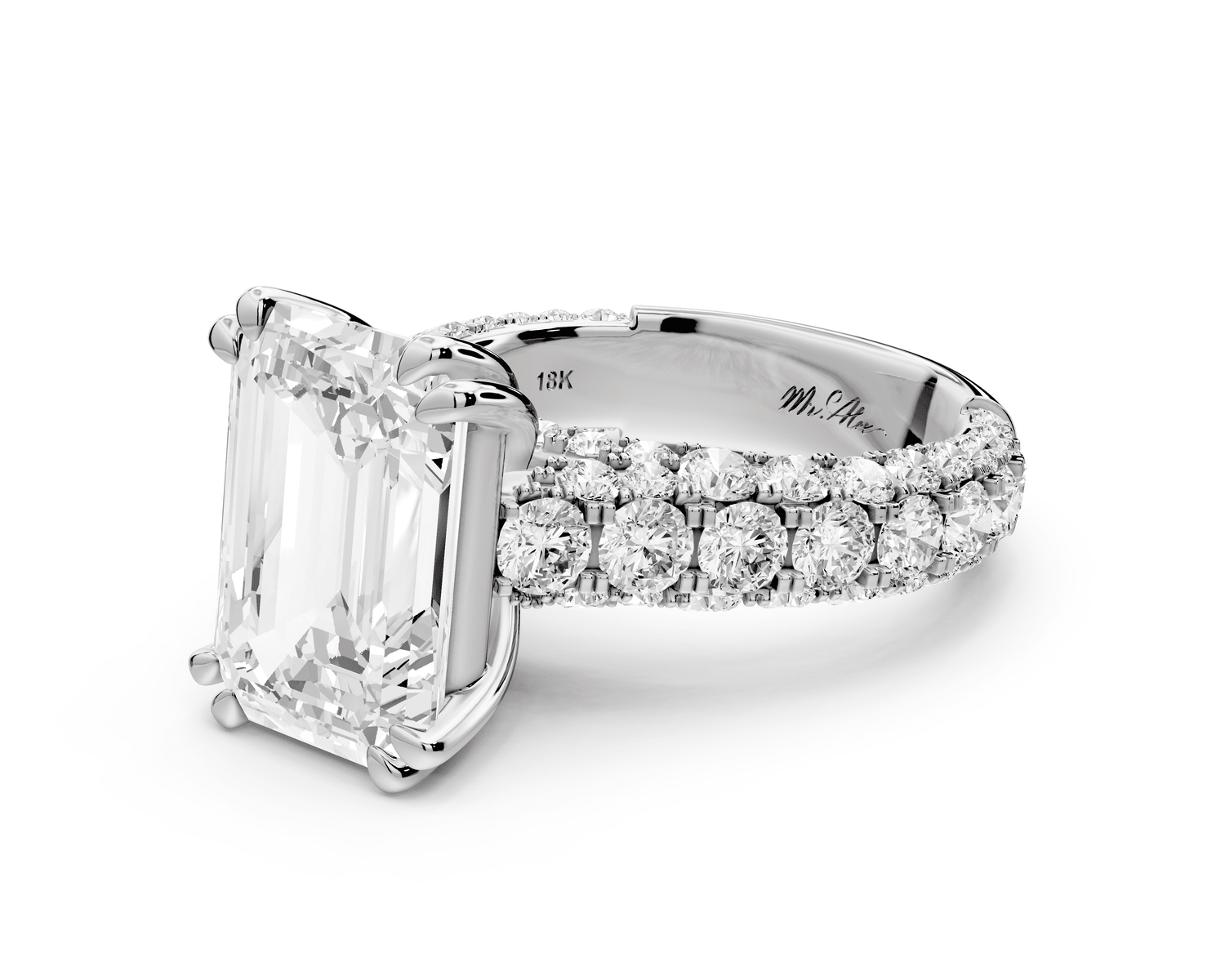 Clarissa - 5ct 18k white gold emerald Diamond double talon prongs with a diamond bridge rollover pave cathedral engagment ring - Mr. Alex Jewelry
