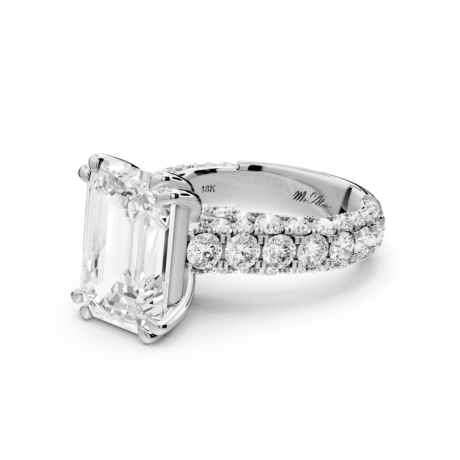 Clarissa - 5ct 18k white gold emerald Diamond double talon prongs with a diamond bridge rollover pave cathedral engagment ring - Mr. Alex Jewelry