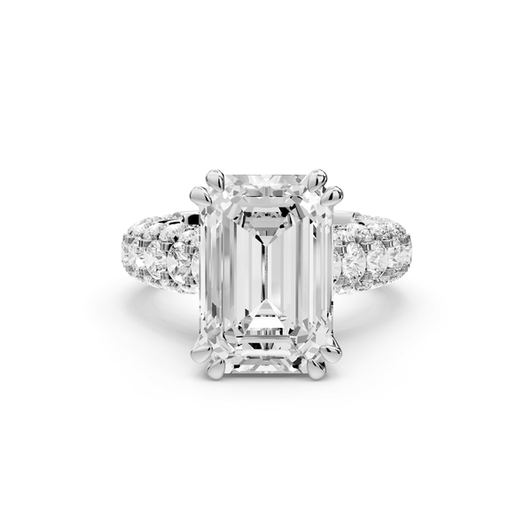 Clarissa - 5ct 18k white gold emerald Diamond double talon prongs with a diamond bridge rollover pave cathedral engagment ring - Mr. Alex Jewelry