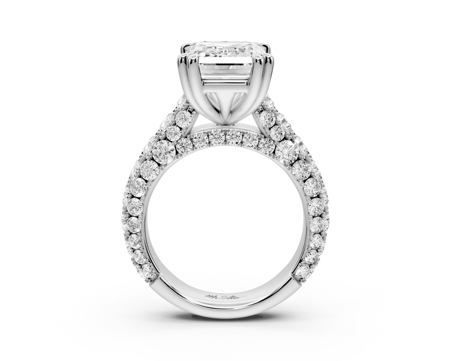 Clarissa - 5ct 18k white gold emerald Diamond double talon prongs with a diamond bridge rollover pave cathedral engagment ring - Mr. Alex Jewelry