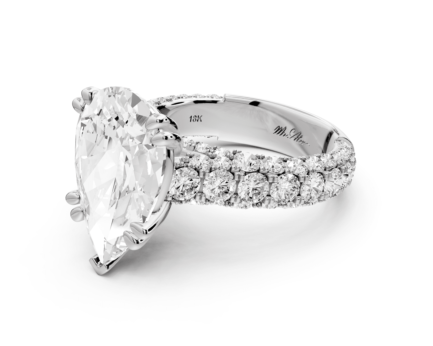 Clarissa - 5ct 18k white gold pear Diamond double talon prongs with a diamond bridge rollover pave cathedral engagment ring - Mr. Alex Jewelry