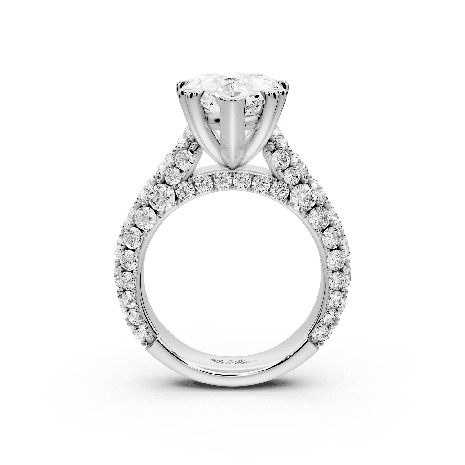 Clarissa - 5ct 18k white gold pear Diamond double talon prongs with a diamond bridge rollover pave cathedral engagment ring - Mr. Alex Jewelry